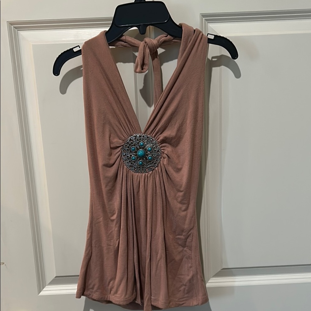 Tan Embellished Sleeveless Tank Top with Tie Front